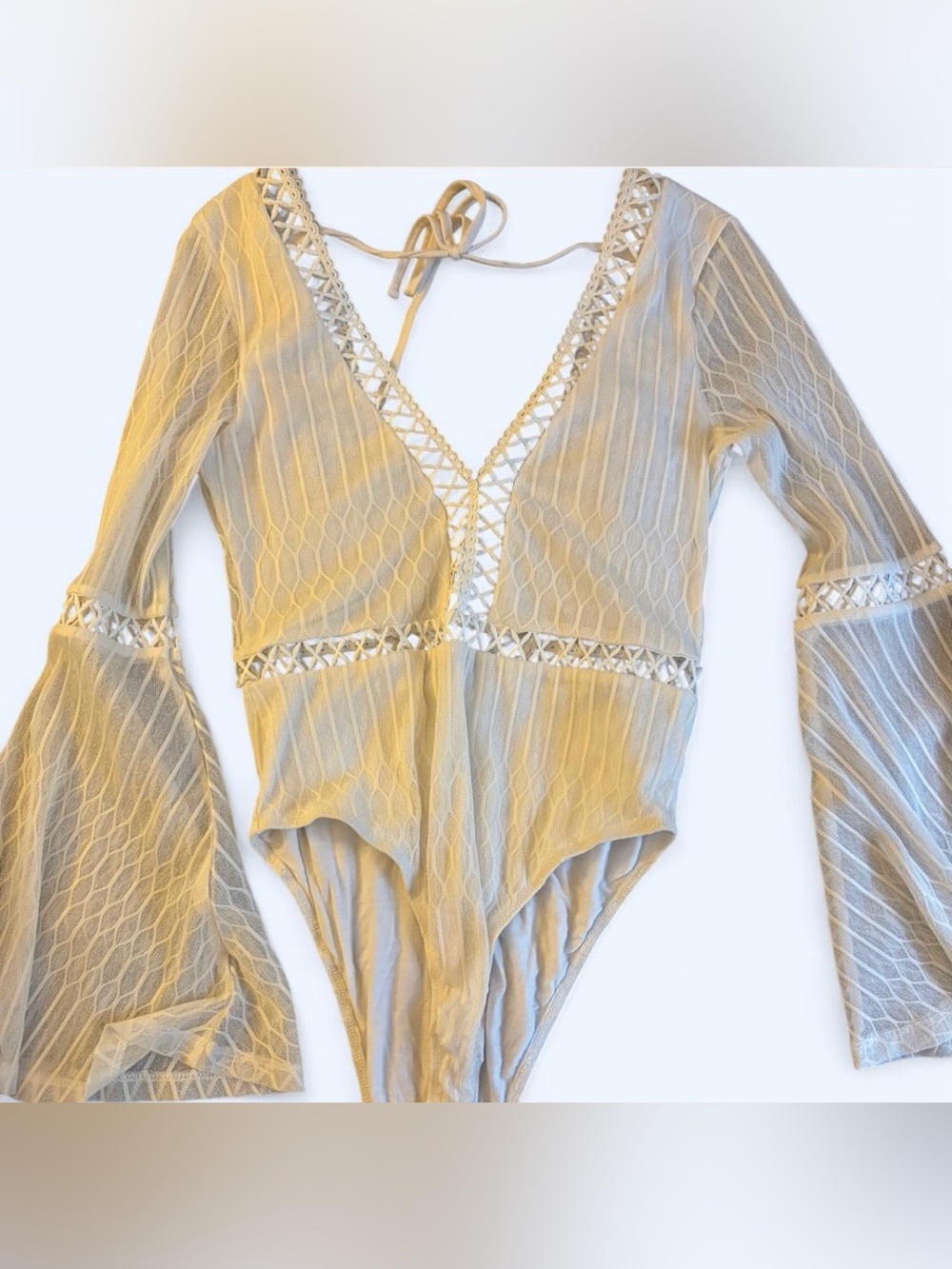Fashion Nova Sheer Lace-Trim Long Sleeve Bodysuit in Beige